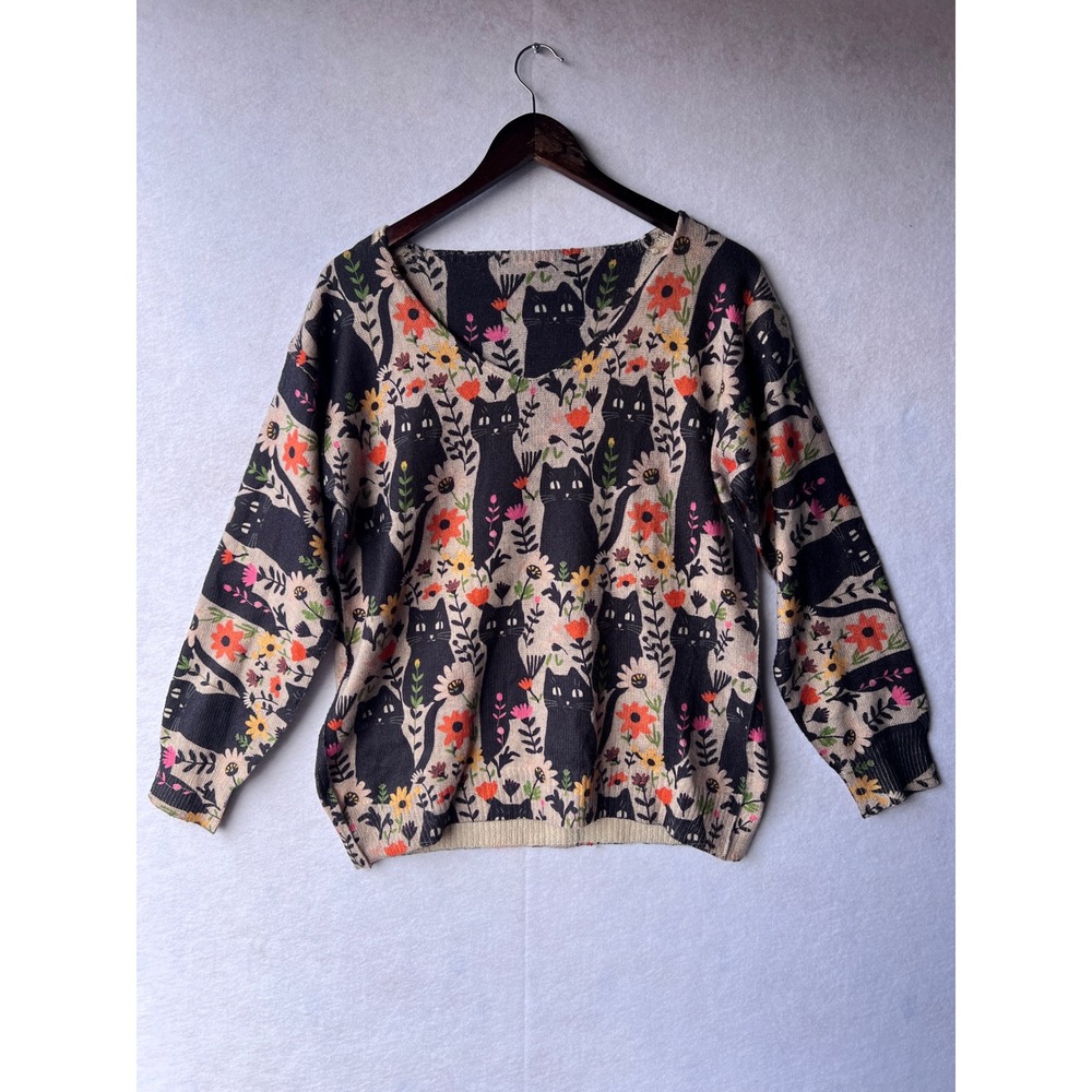 Black Cat Print V-Neck Knit Sweater Halloween Fall